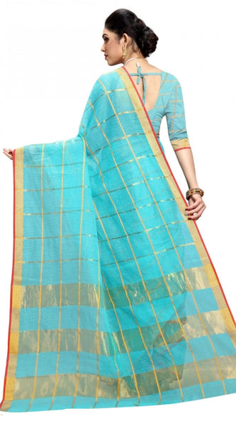 Mayawye Women's Kota Doria Cotton Checked Saree With Blouse (Sky Blue, 5-6 Mtrs)