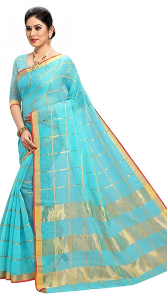 Mayawye Women's Kota Doria Cotton Checked Saree With Blouse (Sky Blue, 5-6 Mtrs)