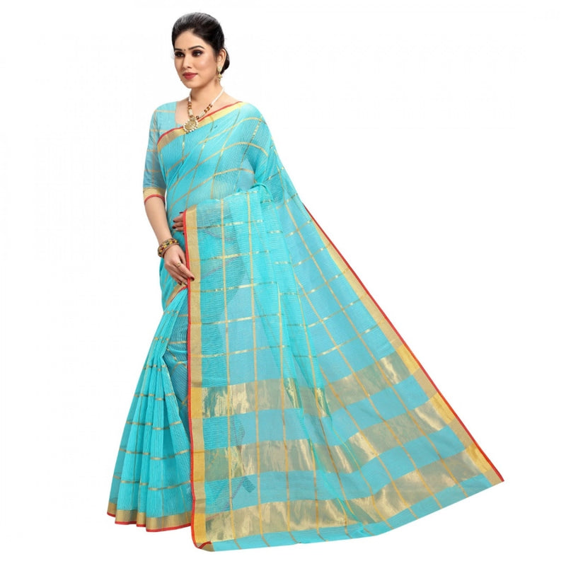 Mayawye Women's Kota Doria Cotton Checked Saree With Blouse (Sky Blue, 5-6 Mtrs)