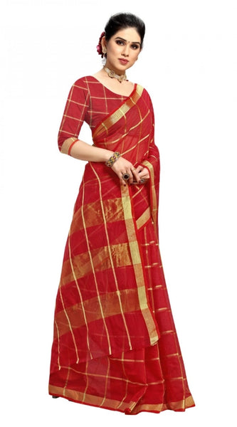 Mayawye Women's Kota Doria Cotton Checked Saree With Blouse (Red, 5-6 Mtrs)