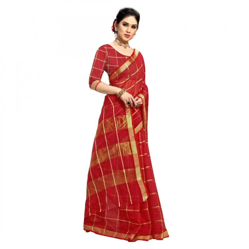 Mayawye Women's Kota Doria Cotton Checked Saree With Blouse (Red, 5-6 Mtrs)
