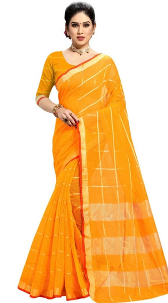Mayawye Women's Kota Doria Cotton Checked Saree With Blouse (Yellow, 5-6 Mtrs)