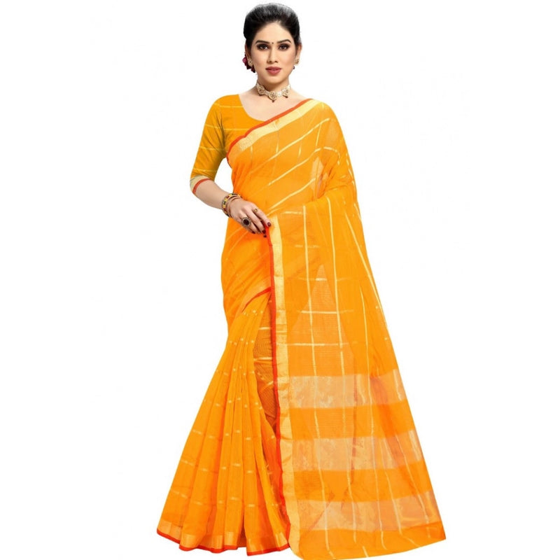 Mayawye Women's Kota Doria Cotton Checked Saree With Blouse (Yellow, 5-6 Mtrs)
