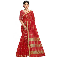Mayawye Women's Kota Doria Cotton Checked Saree With Blouse (Red, 5-6 Mtrs)
