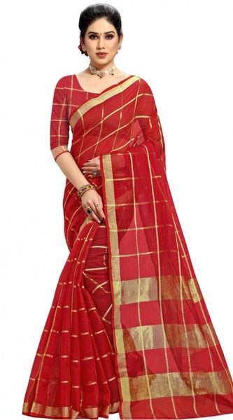 Mayawye Women's Kota Doria Cotton Checked Saree With Blouse (Red, 5-6 Mtrs)