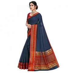Mayawye Women's Kota Doria Cotton Bordered Saree With Blouse (Navy Blue, 5-6 Mtrs)