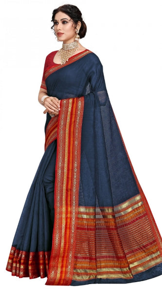 Mayawye Women's Kota Doria Cotton Bordered Saree With Blouse (Navy Blue, 5-6 Mtrs)