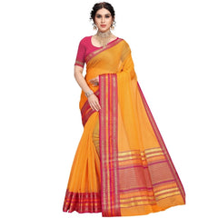 Mayawye Women's Kota Doria Cotton Bordered Saree With Blouse (Gold, 5-6 Mtrs)