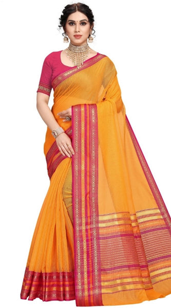 Mayawye Women's Kota Doria Cotton Bordered Saree With Blouse (Gold, 5-6 Mtrs)