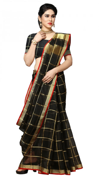 Mayawye Women's Kota Doria Cotton Checked Saree With Blouse (Black, 5-6 Mtrs)