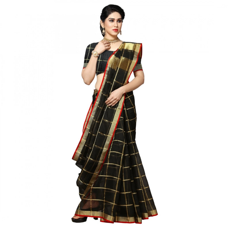 Mayawye Women's Kota Doria Cotton Checked Saree With Blouse (Black, 5-6 Mtrs)