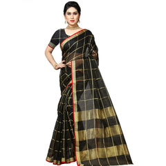 Mayawye Women's Kota Doria Cotton Checked Saree With Blouse (Black, 5-6 Mtrs)