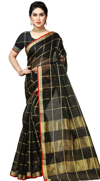 Mayawye Women's Kota Doria Cotton Checked Saree With Blouse (Black, 5-6 Mtrs)