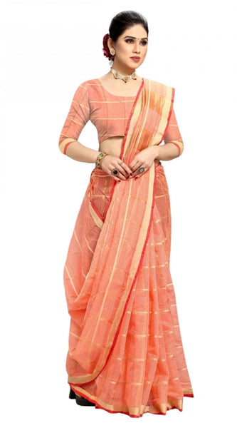 Mayawye Women's Kota Doria Cotton Checked Saree With Blouse (Peach, 5-6 Mtrs)