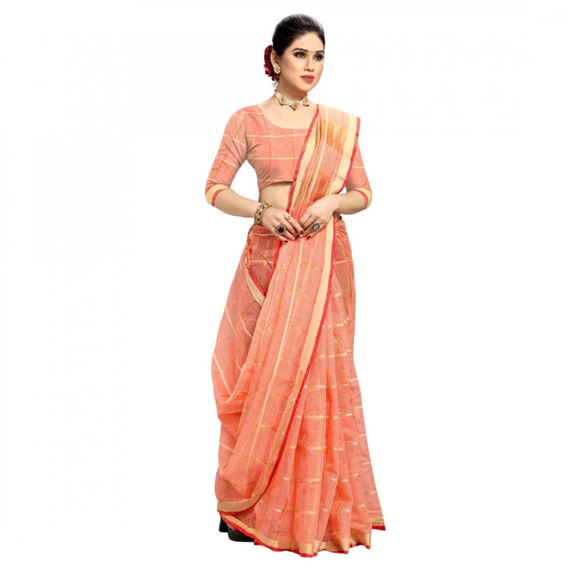 Mayawye Women's Kota Doria Cotton Checked Saree With Blouse (Peach, 5-6 Mtrs)
