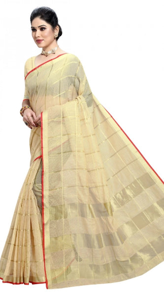 Mayawye Women's Kota Doria Cotton Checked Saree With Blouse (Beige, 5-6 Mtrs)