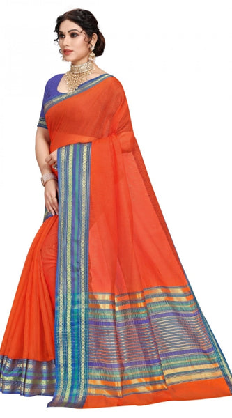 Mayawye Women's Kota Doria Cotton Bordered Saree With Blouse (Fanta, 5-6 Mtrs)