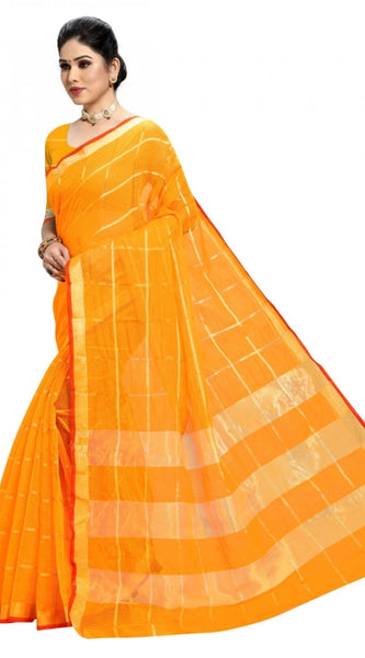 Mayawye Women's Kota Doria Cotton Checked Saree With Blouse (Yellow, 5-6 Mtrs)