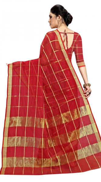 Mayawye Women's Kota Doria Cotton Checked Saree With Blouse (Red, 5-6 Mtrs)