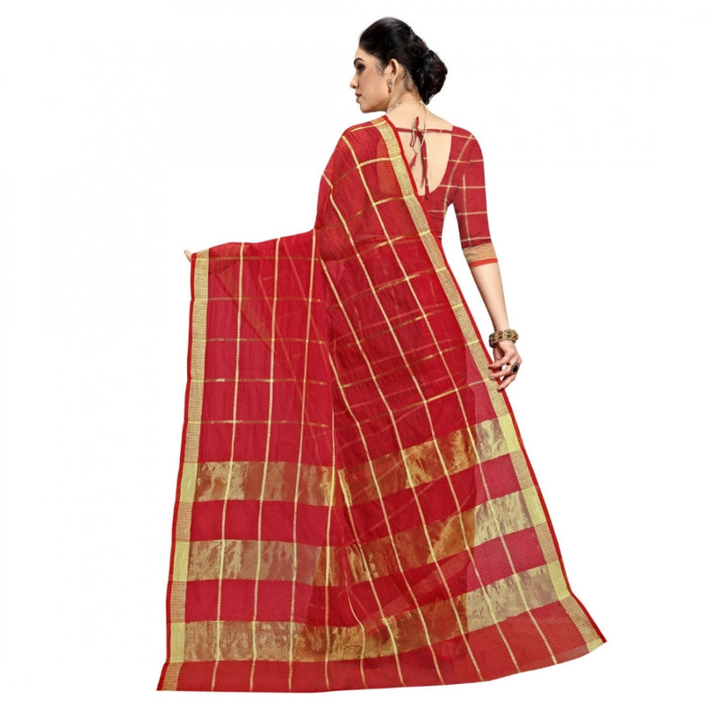 Mayawye Women's Kota Doria Cotton Checked Saree With Blouse (Red, 5-6 Mtrs)