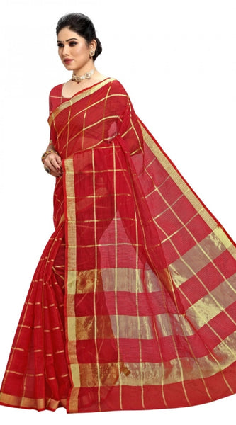 Mayawye Women's Kota Doria Cotton Checked Saree With Blouse (Red, 5-6 Mtrs)
