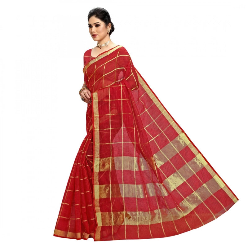 Mayawye Women's Kota Doria Cotton Checked Saree With Blouse (Red, 5-6 Mtrs)