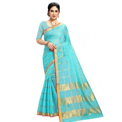 Mayawye Women's Kota Doria Cotton Checked Saree With Blouse (Sky Blue, 5-6 Mtrs)