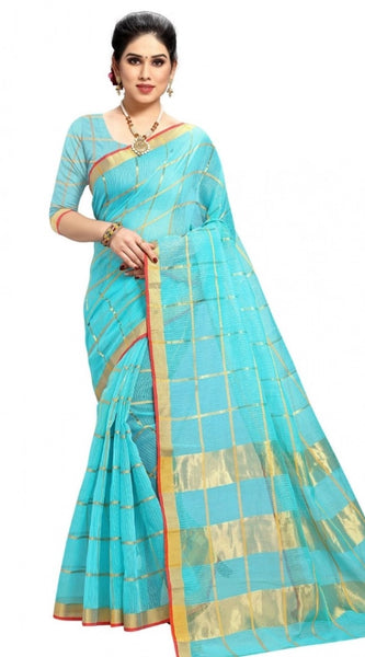 Mayawye Women's Kota Doria Cotton Checked Saree With Blouse (Sky Blue, 5-6 Mtrs)