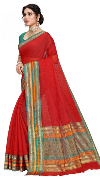 Mayawye Women's Kota Doria Cotton Bordered Saree With Blouse (Red, 5-6 Mtrs)