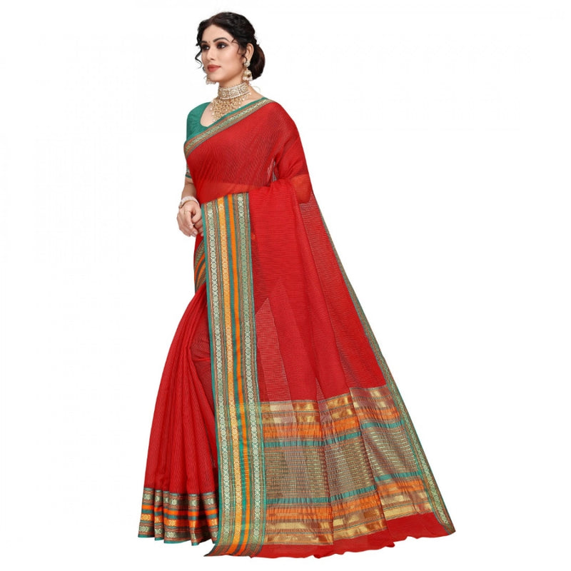 Mayawye Women's Kota Doria Cotton Bordered Saree With Blouse (Red, 5-6 Mtrs)