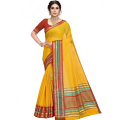 Mayawye Women's Kota Doria Cotton Bordered Saree With Blouse (Yellow, 5-6 Mtrs)