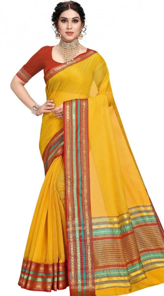 Mayawye Women's Kota Doria Cotton Bordered Saree With Blouse (Yellow, 5-6 Mtrs)