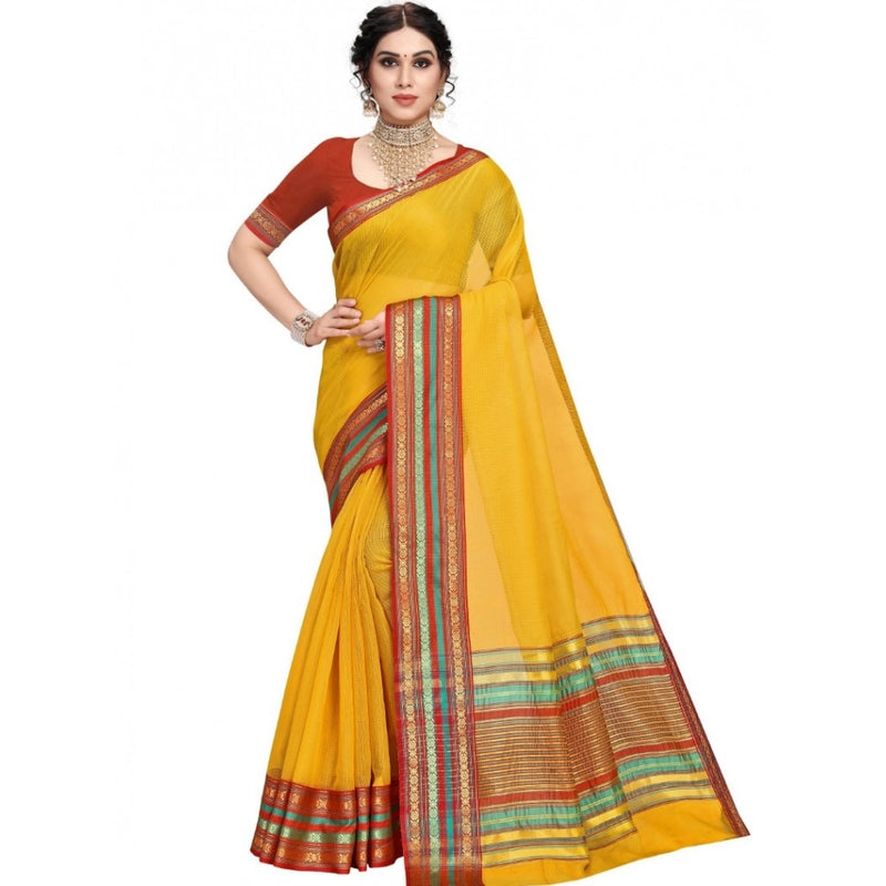 Mayawye Women's Kota Doria Cotton Bordered Saree With Blouse (Yellow, 5-6 Mtrs)