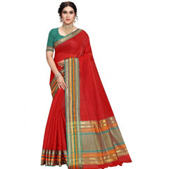 Mayawye Women's Kota Doria Cotton Bordered Saree With Blouse (Red, 5-6 Mtrs)