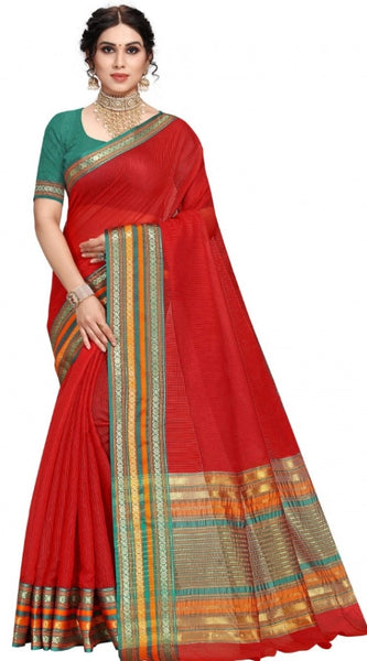 Mayawye Women's Kota Doria Cotton Bordered Saree With Blouse (Red, 5-6 Mtrs)