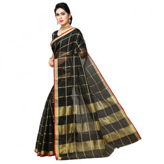 Mayawye Women's Kota Doria Cotton Checked Saree With Blouse (Black, 5-6 Mtrs)