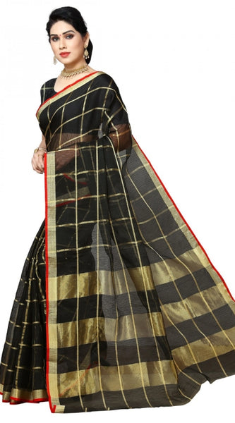 Mayawye Women's Kota Doria Cotton Checked Saree With Blouse (Black, 5-6 Mtrs)