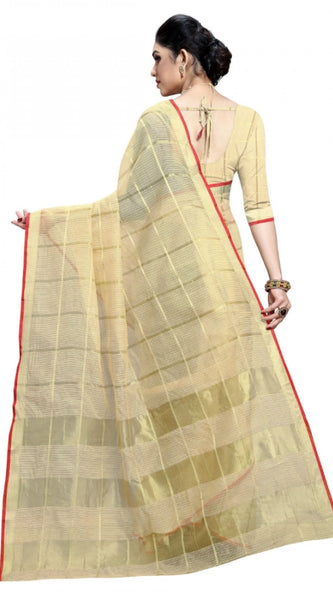 Mayawye Women's Kota Doria Cotton Checked Saree With Blouse (Beige, 5-6 Mtrs)