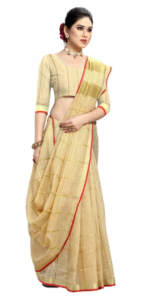 Mayawye Women's Kota Doria Cotton Checked Saree With Blouse (Beige, 5-6 Mtrs)