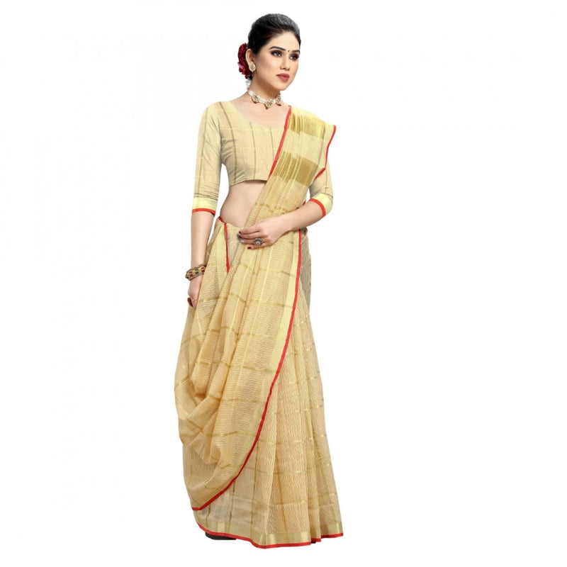 Mayawye Women's Kota Doria Cotton Checked Saree With Blouse (Beige, 5-6 Mtrs)