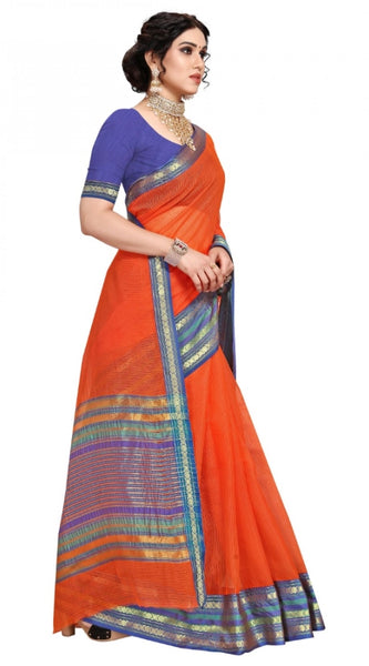 Mayawye Women's Kota Doria Cotton Bordered Saree With Blouse (Fanta, 5-6 Mtrs)