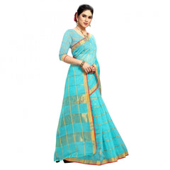 Mayawye Women's Kota Doria Cotton Checked Saree With Blouse (Sky Blue, 5-6 Mtrs)
