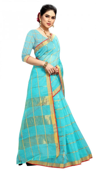 Mayawye Women's Kota Doria Cotton Checked Saree With Blouse (Sky Blue, 5-6 Mtrs)