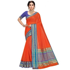 Mayawye Women's Kota Doria Cotton Bordered Saree With Blouse (Fanta, 5-6 Mtrs)
