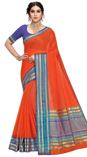 Mayawye Women's Kota Doria Cotton Bordered Saree With Blouse (Fanta, 5-6 Mtrs)