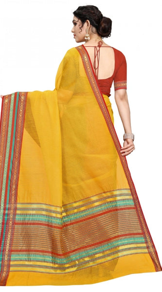 Mayawye Women's Kota Doria Cotton Bordered Saree With Blouse (Yellow, 5-6 Mtrs)
