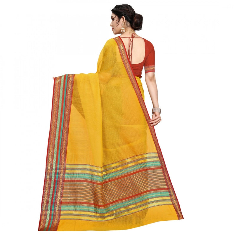 Mayawye Women's Kota Doria Cotton Bordered Saree With Blouse (Yellow, 5-6 Mtrs)