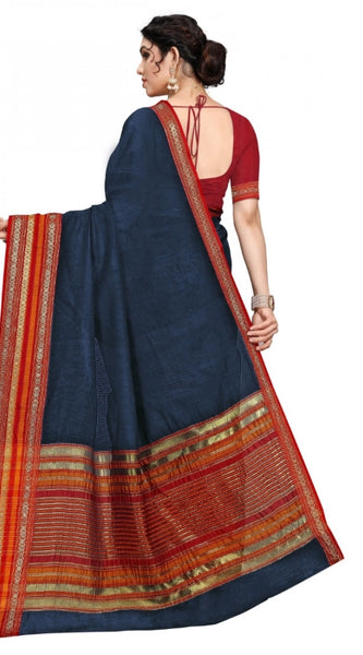 Mayawye Women's Kota Doria Cotton Bordered Saree With Blouse (Navy Blue, 5-6 Mtrs)