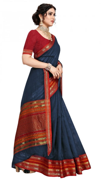 Mayawye Women's Kota Doria Cotton Bordered Saree With Blouse (Navy Blue, 5-6 Mtrs)