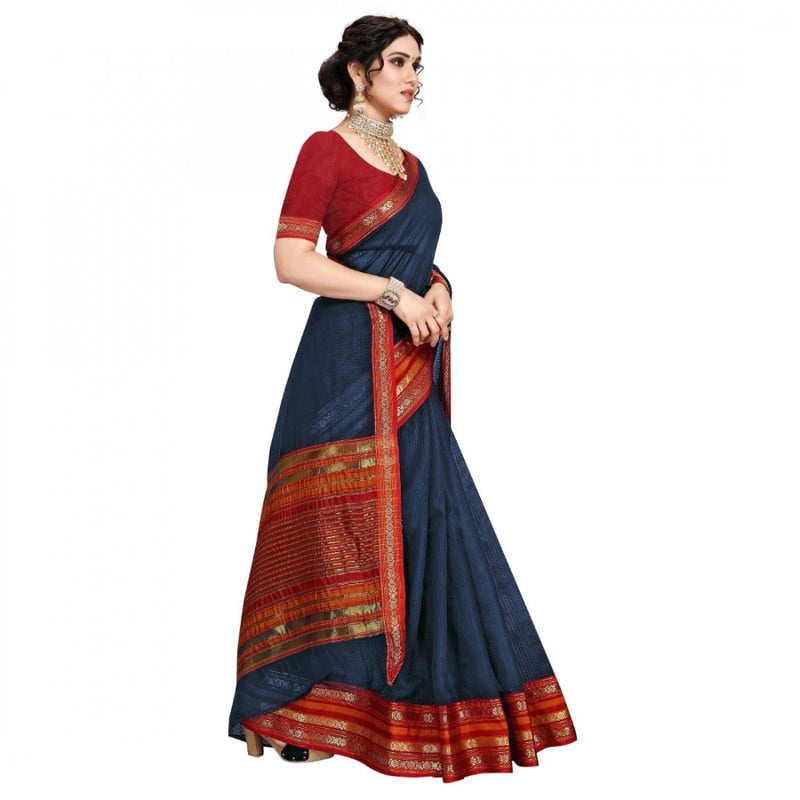 Mayawye Women's Kota Doria Cotton Bordered Saree With Blouse (Navy Blue, 5-6 Mtrs)